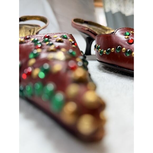 Vtg Giuseppe Zanotti Vicini Jeweled Red Leather Slingback Heels Italy 7B Medium - Picture 2 of 16